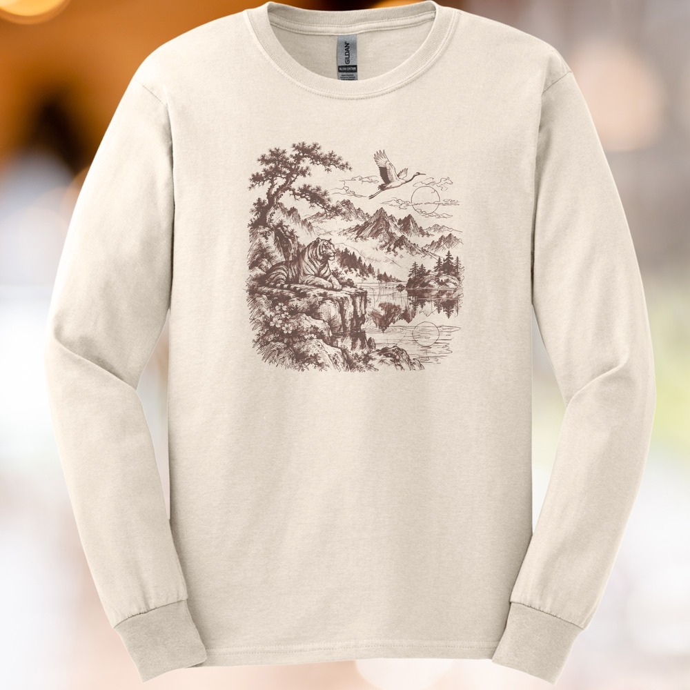 Tiger Resting Above a Moonlit Lake with Crane in Flight Tee